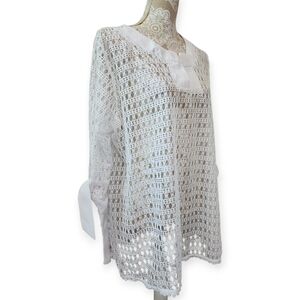Cal Style USA Plus White Crochet Swim Suit Cover Up/Tunic With Tie Sleeves Sz XL